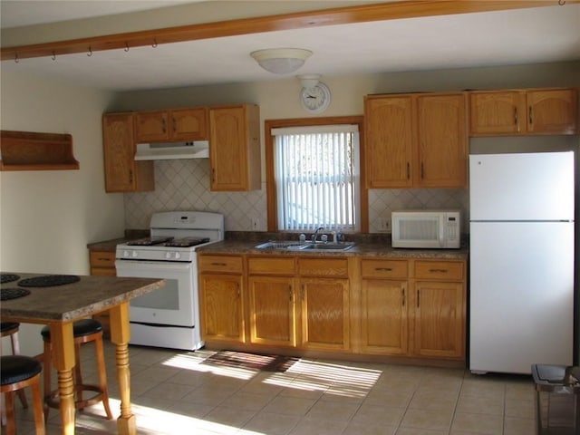 436 Brown St, Attleboro, MA 02703 - kitchen with white appliances, under cabinet range hood, a sink, tasteful backsplash, and light tile patterned flooring