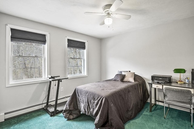 bedroom featuring a ceiling fan, carpet flooring, and a baseboard radiator