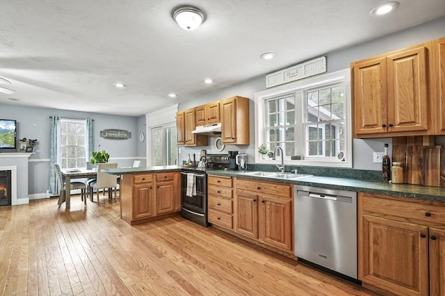 kitchen featuring under cabinet range hood, a sink, a peninsula, dark countertops, and stainless steel appliances