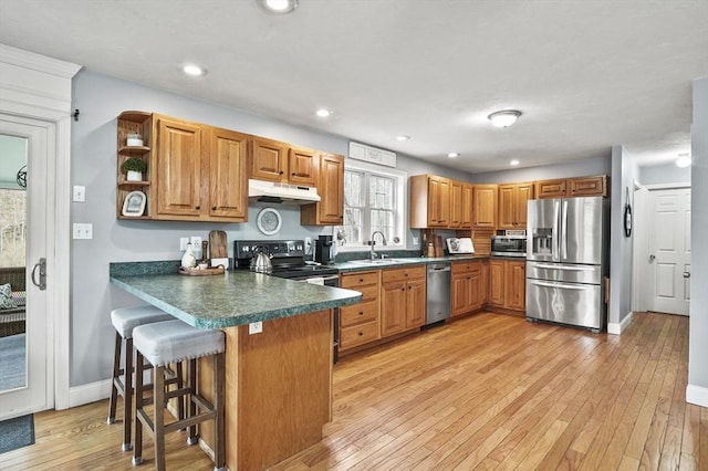 kitchen featuring a peninsula, dark countertops, a kitchen breakfast bar, under cabinet range hood, and appliances with stainless steel finishes