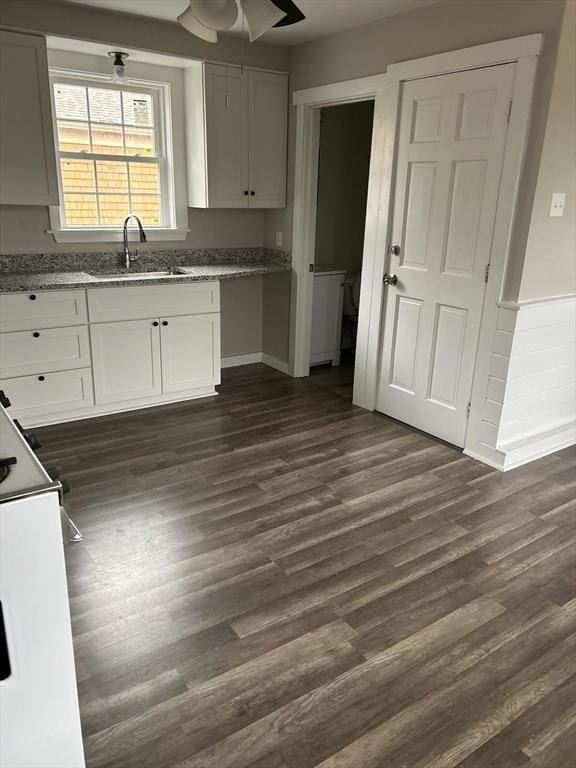 kitchen with ceiling fan, dark hardwood / wood-style floors, stone countertops, white cabinets, and sink