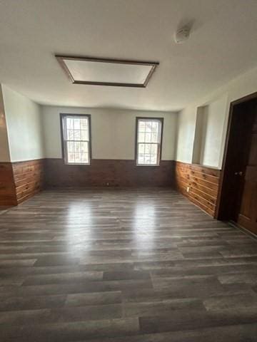 spare room featuring wood walls, dark hardwood / wood-style floors, and plenty of natural light