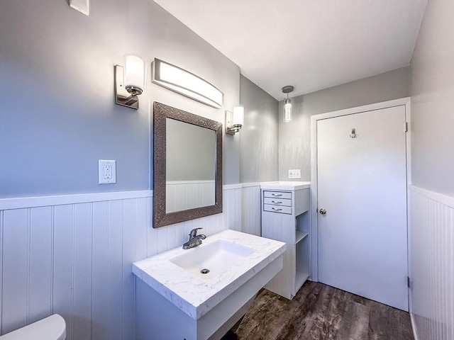 bathroom with a sink, wood finished floors, and wainscoting