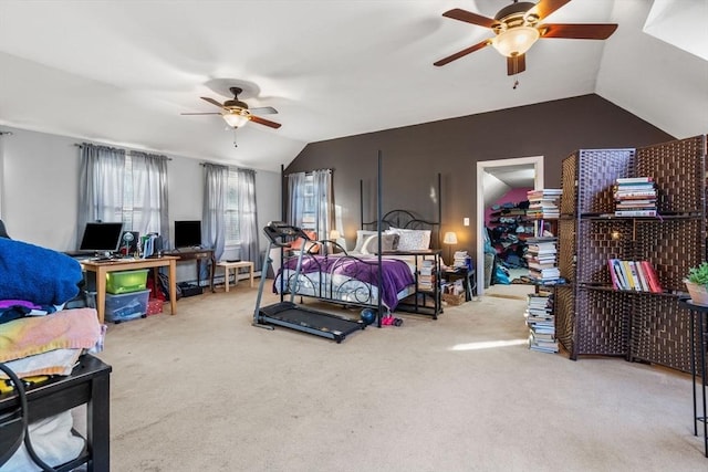 bedroom featuring ceiling fan, carpet, and lofted ceiling