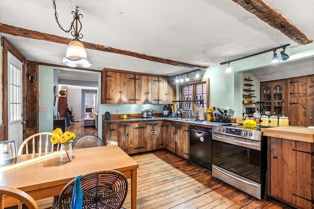 kitchen featuring stainless steel range, dishwasher, track lighting, decorative light fixtures, and light wood-type flooring