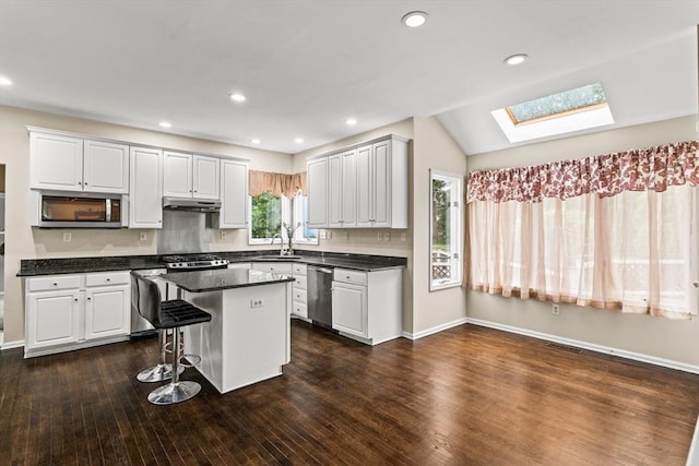 3 Norumbega Cir, Franklin, MA 02038 - kitchen featuring stainless steel appliances, under cabinet range hood, a skylight, dark countertops, and a kitchen island