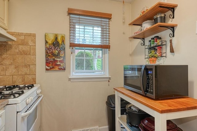 280 Elm St Unit 26, Marlborough, MA 01752 - kitchen featuring black microwave, gas range gas stove, open shelves, tasteful backsplash, and under cabinet range hood