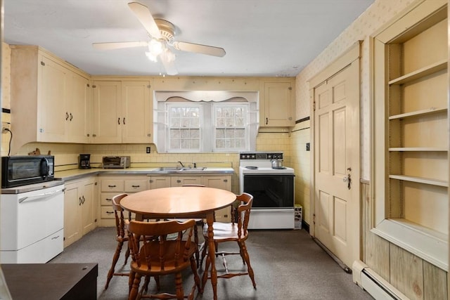 160 Shrewsbury St, Holden, MA 01520 - kitchen featuring a baseboard heating unit, black microwave, white electric range oven, and light brown cabinetry
