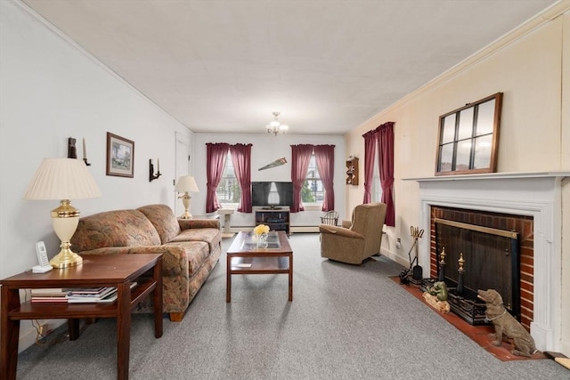 160 Shrewsbury St, Holden, MA 01520 - living room with a baseboard radiator, a notable chandelier, carpet floors, ornamental molding, and a brick fireplace