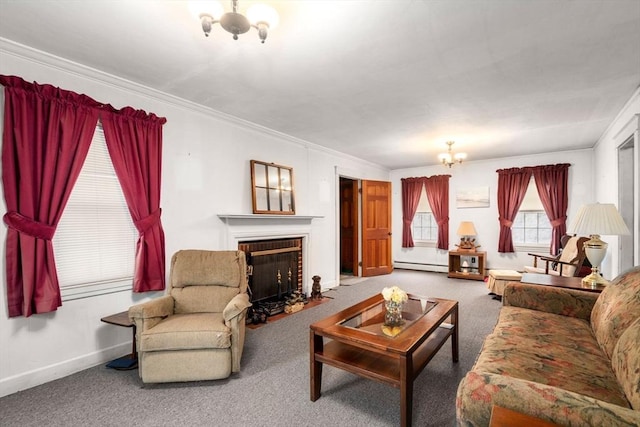 160 Shrewsbury St, Holden, MA 01520 - carpeted living area with an inviting chandelier, ornamental molding, baseboards, a brick fireplace, and baseboard heating