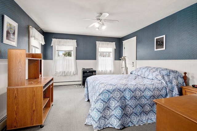 160 Shrewsbury St, Holden, MA 01520 - bedroom with ceiling fan, a wainscoted wall, carpet floors, and a baseboard radiator