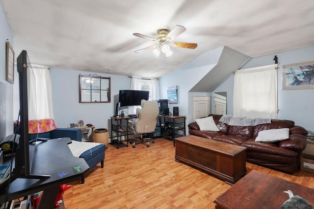 160 Shrewsbury St, Holden, MA 01520 - home office with light wood-style floors, vaulted ceiling, and a ceiling fan