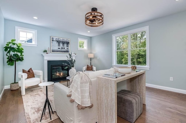 131 Colts Way, Attleboro, MA 02703 - living room featuring baseboards, wood finished floors, a glass covered fireplace, and recessed lighting
