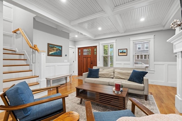 31 Henderson St Unit 1, Arlington, MA 02474 - living area with a decorative wall, light wood-style floors, beam ceiling, recessed lighting, and a wainscoted wall