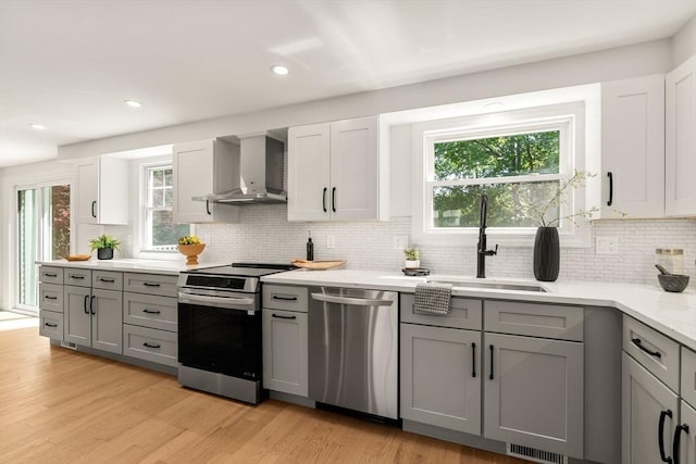 kitchen featuring stainless steel appliances, wall chimney exhaust hood, gray cabinets, a sink, and decorative backsplash