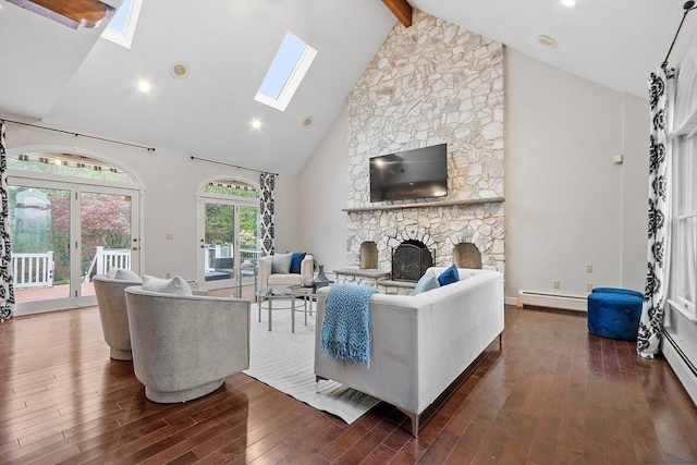 14 Preservation Way, Westford, MA 01886 - living area with a skylight, high vaulted ceiling, baseboard heating, dark wood-style floors, and beam ceiling