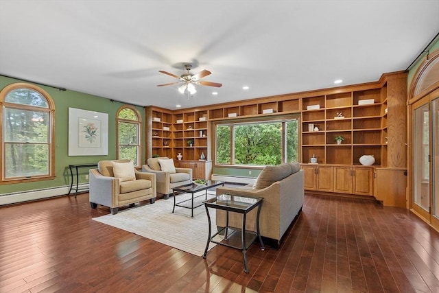 14 Preservation Way, Westford, MA 01886 - living room with baseboard heating, ceiling fan, dark wood-type flooring, built in features, and recessed lighting
