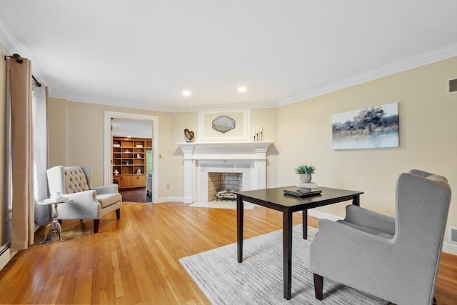 14 Preservation Way, Westford, MA 01886 - living area featuring crown molding, a tile fireplace, light wood-type flooring, baseboards, and recessed lighting