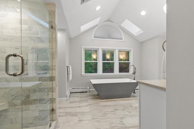 14 Preservation Way, Westford, MA 01886 - bathroom featuring a skylight, a baseboard heating unit, a shower stall, vaulted ceiling, and marble finish flooring