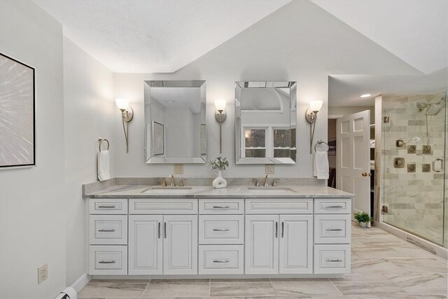 14 Preservation Way, Westford, MA 01886 - full bath with a shower stall, vaulted ceiling, and double vanity