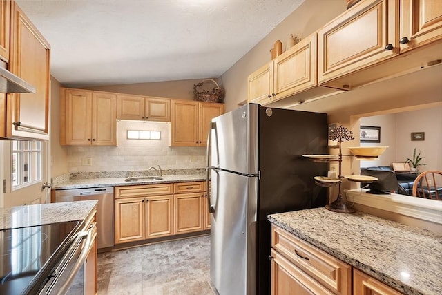 425 Main St Unit 8B, Hudson, MA 01749 - kitchen featuring a sink, stainless steel appliances, light brown cabinets, lofted ceiling, and tasteful backsplash