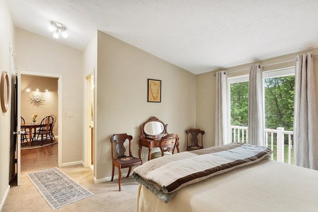 425 Main St Unit 8B, Hudson, MA 01749 - bedroom featuring lofted ceiling, baseboards, light carpet, and access to exterior