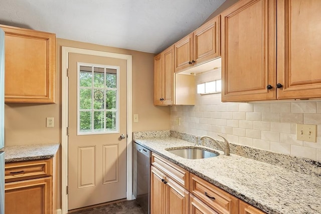 425 Main St Unit 8B, Hudson, MA 01749 - kitchen with dishwasher, a sink, decorative backsplash, and light stone counters