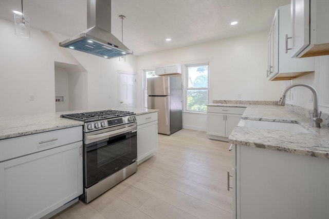 36-38 Elm Hill Park, Boston, MA 02121 - kitchen with island exhaust hood, appliances with stainless steel finishes, a sink, light stone counters, and recessed lighting