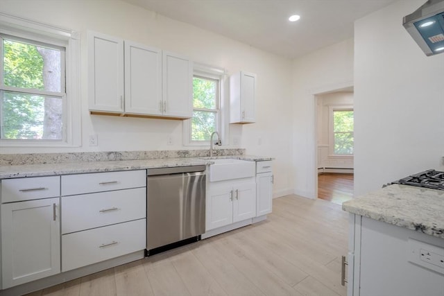 36-38 Elm Hill Park, Boston, MA 02121 - kitchen with stainless steel dishwasher, a sink, baseboard heating, light wood-style flooring, and white cabinetry