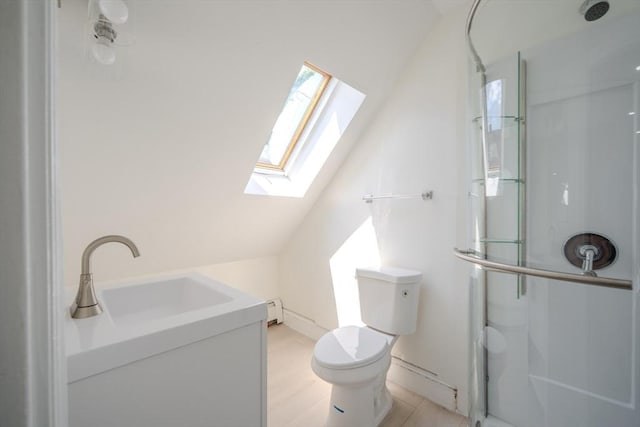 36-38 Elm Hill Park, Boston, MA 02121 - bathroom featuring a skylight, a shower stall, toilet, vaulted ceiling, and vanity
