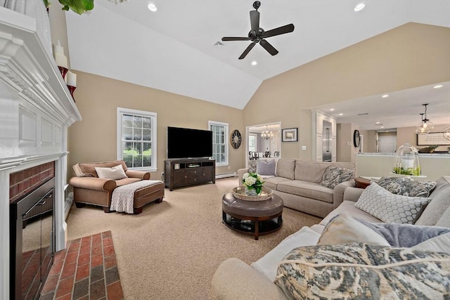 148 Old Schoolhouse Ln, Hanover, MA 02339 - living room featuring vaulted ceiling, a brick fireplace, ceiling fan, recessed lighting, and baseboard heating
