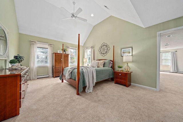 148 Old Schoolhouse Ln, Hanover, MA 02339 - bedroom featuring light colored carpet, lofted ceiling, baseboard heating, recessed lighting, and a ceiling fan