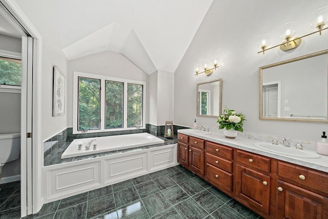 148 Old Schoolhouse Ln, Hanover, MA 02339 - full bathroom with healthy amount of natural light, double vanity, a garden tub, and vaulted ceiling