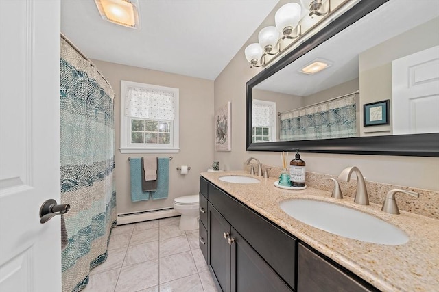 148 Old Schoolhouse Ln, Hanover, MA 02339 - bathroom with a baseboard radiator, double vanity, and a shower with shower curtain