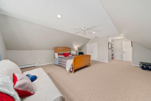 148 Old Schoolhouse Ln, Hanover, MA 02339 - bedroom with a baseboard heating unit, carpet, lofted ceiling, a ceiling fan, and a textured ceiling