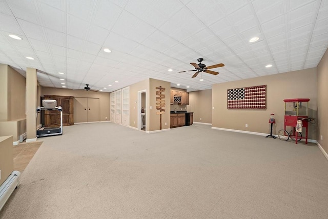 148 Old Schoolhouse Ln, Hanover, MA 02339 - unfurnished living room with ceiling fan, recessed lighting, baseboard heating, and light colored carpet
