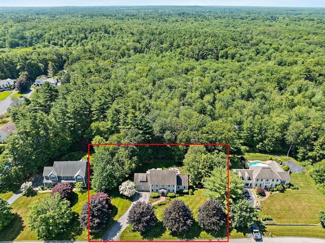 148 Old Schoolhouse Ln, Hanover, MA 02339 - aerial overview of property's location featuring a forest and property boundaries highlighted
