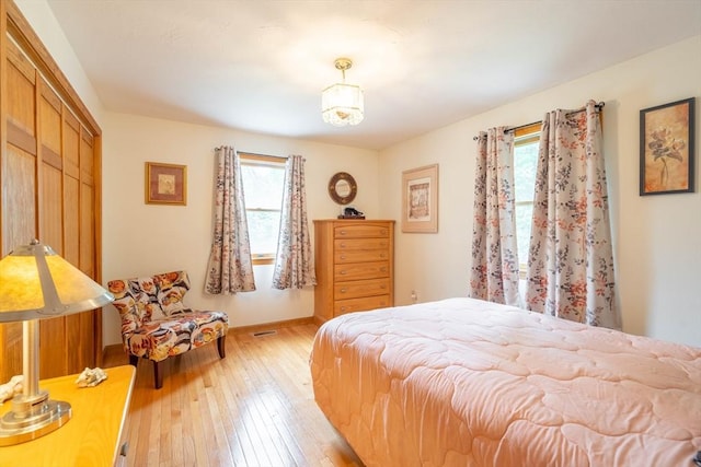 bedroom with multiple windows, light wood finished floors, a closet, and baseboards