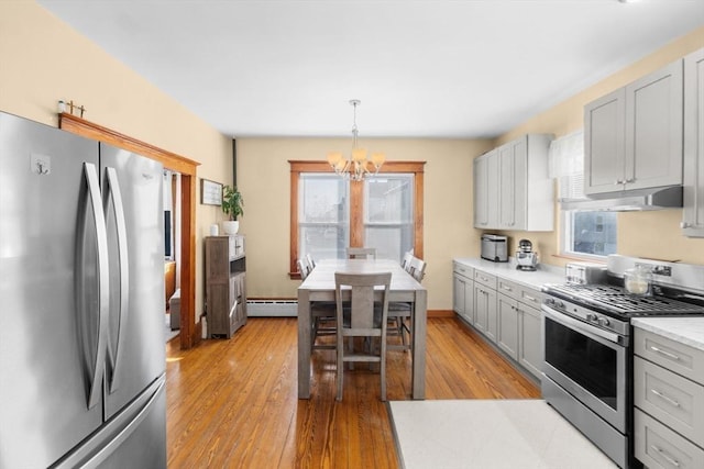 kitchen with stainless steel appliances, light wood finished floors, a baseboard radiator, and under cabinet range hood