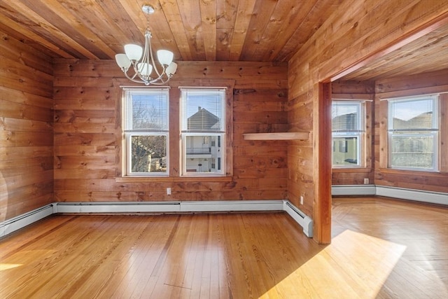 bonus room featuring wooden ceiling, an inviting chandelier, hardwood / wood-style floors, and wood walls