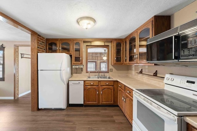 kitchen with a sink, white appliances, brown cabinetry, light countertops, and dark wood-style flooring