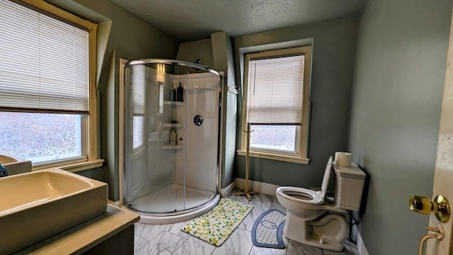 bathroom featuring vanity, a shower with door, and toilet