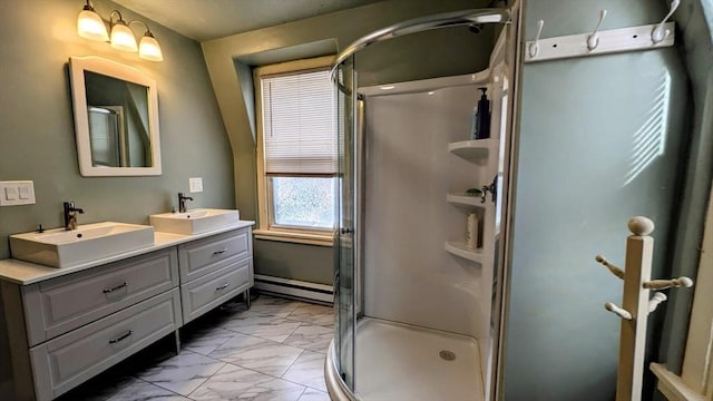 bathroom with baseboard heating, vanity, and an enclosed shower