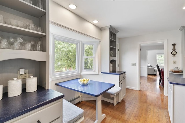 27 N Brigham Hill Rd, Grafton, MA 01536 - kitchen with dark countertops, baseboard heating, open shelves, light wood finished floors, and white cabinetry