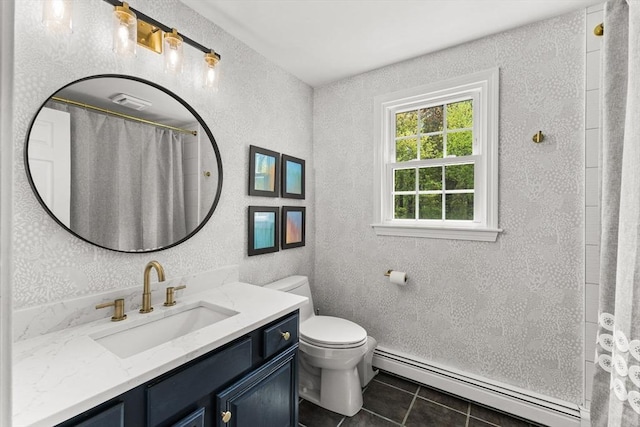 full bath featuring a baseboard heating unit, toilet, tile patterned floors, vanity, and a shower with curtain