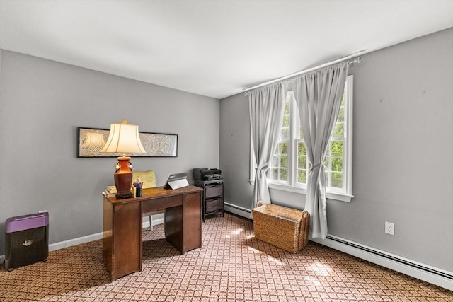 home office with baseboard heating and carpet floors