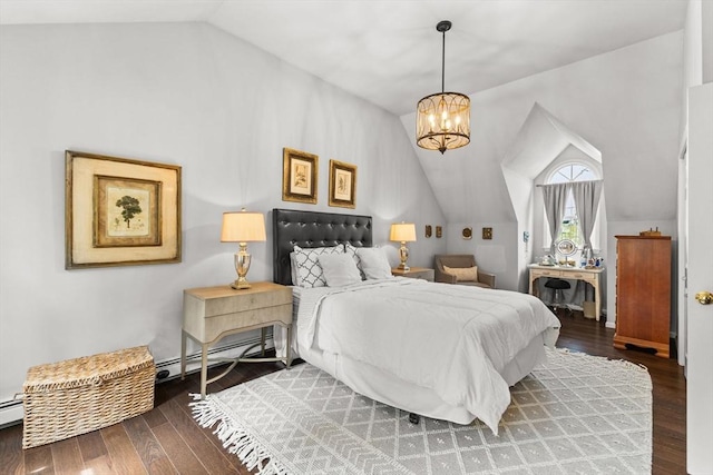 bedroom featuring lofted ceiling, a baseboard radiator, a chandelier, and wood finished floors