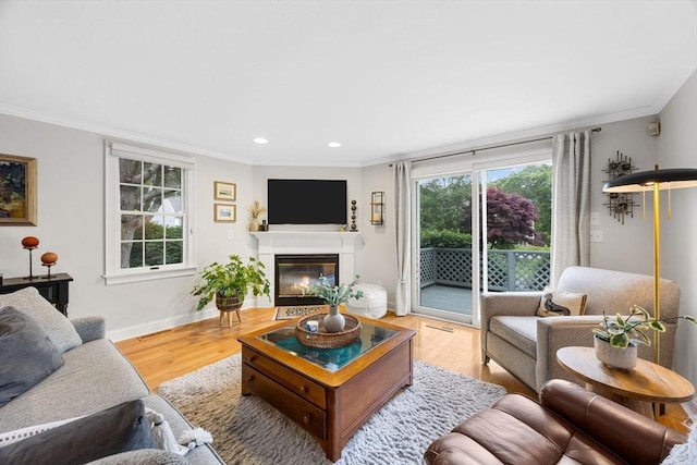 2 Darby Pt Unit 2, Mashpee, MA 02649 - living area featuring ornamental molding, wood finished floors, a glass covered fireplace, and recessed lighting