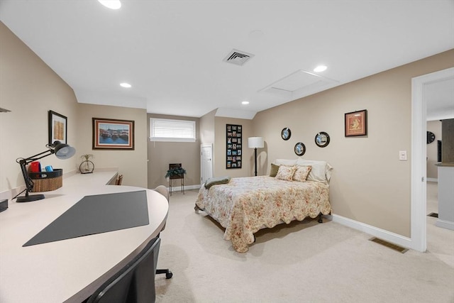 2 Darby Pt Unit 2, Mashpee, MA 02649 - bedroom with light colored carpet, attic access, and recessed lighting