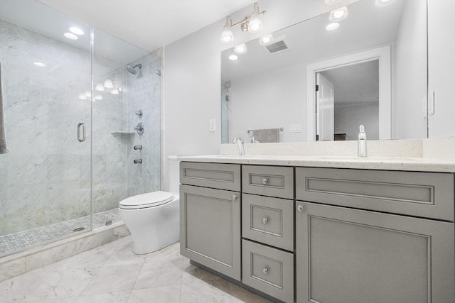 full bath featuring a shower stall, toilet, double vanity, marble finish flooring, and recessed lighting